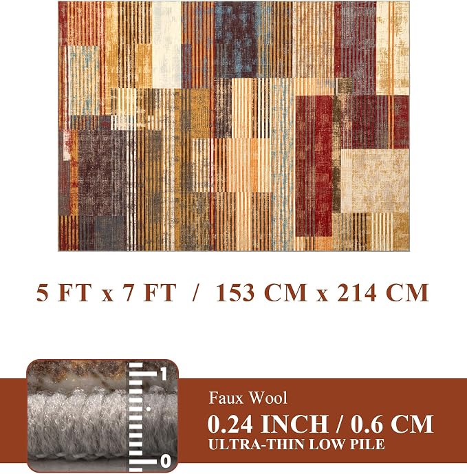 Brown Area Rug 5x7, Farmhouse Rugs for Bedroom,Vintage Burgundy Carpets Washable,Burnt Orange Area Rug Non Slip,Geometric Boho Rug for Kitchen,Dining Room