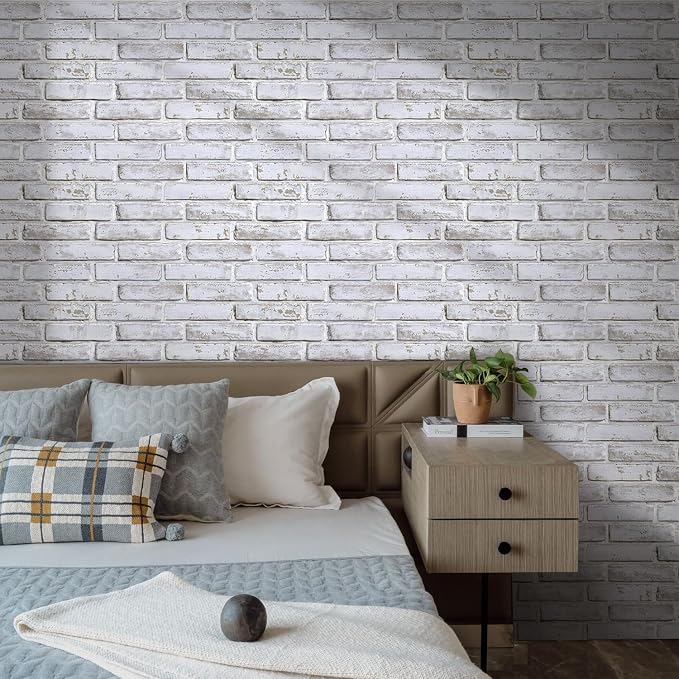 COMSTICKC 3D Whitewash Brick Wall Panel Peel and Stick, 12 pcs of 22.8" x 11.8", DIY UrltraLight PVC Self Adhesive Fake Brick Backsplash Interior Decor,Paintable,Covers 22.48 sq.ft
