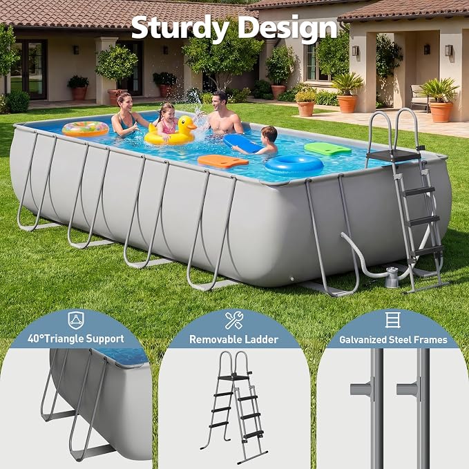 18ft X 9ft Above Ground Pool Set with Removable Ladder and Filter Pump, Rectangular Swimming Pool with Steel Frame for Backyard, Gray