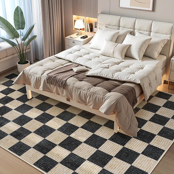 LIVEBOX 8x10 Area Rugs for Living Room, Checkered Non-Slip Washable Rugs, Farmhouse Neutral Classic Geometric Pattern Large Boys Area Rug for Bedroom, Carpet for Dining Room Office (Black,8'x10')