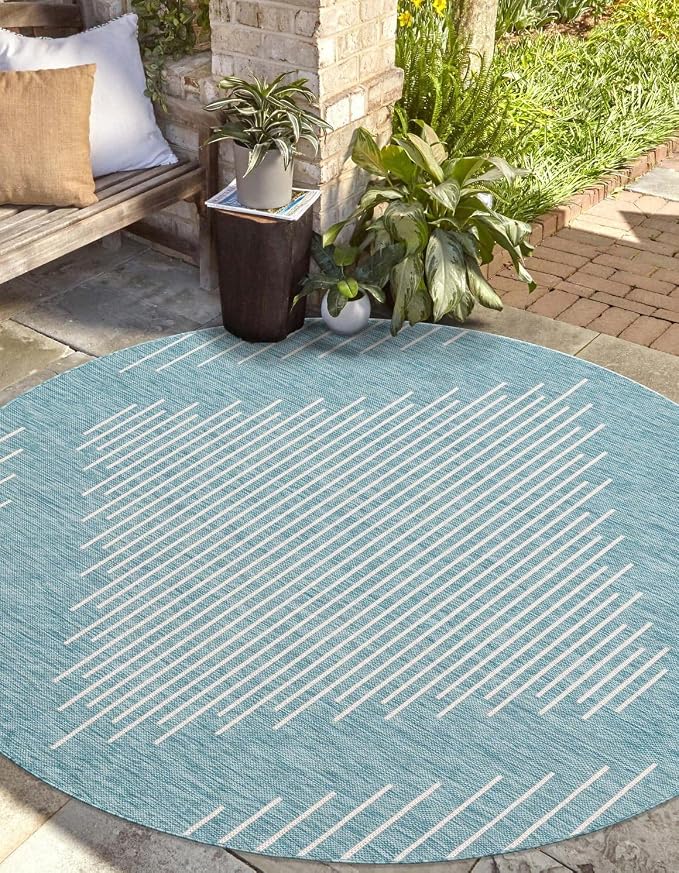 Unique Loom Outdoor Modern Collection Area Rug - Tambor (13' Round, Light Aqua/ Ivory)