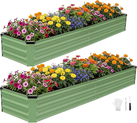 INNO STAGE Galvanized Raised Garden Bed Kits, 8x2x1ft Metal Raised Garden Beds Outdoor, Large Steel Raised Planter Bed with Gloves for Vegetables & Flowers Patio Ground Planter Box(Olive Green, 2PCS)