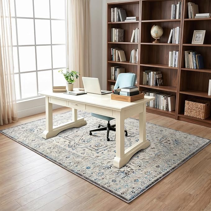 Vintage Washable Area Rug 5x7, Non-Slip Low-Pile Elegant Persian Carpet for Living Room Bedroom Office Dining Room, Stain Resistant Traditional Indoor Rug, Neutral Cream Blue