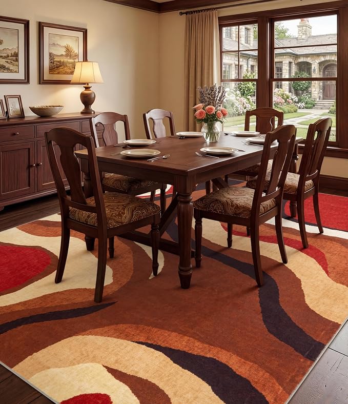 Burnt Orange Rug 8x10 Washable,Alfombras para Salas,Farmhouse Brown Retro Carpets,Geometric Abstract Wavy Rug for Living Room,Unique Colorful Rugs for Bedroom,Dining Room