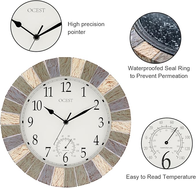 OCEST Indoor Outdoor Clock and Thermometer, 13 Inch Large Waterproof Wall Clocks, Retro Silent Non-Ticking Battery Operated Weatherproof Clock for Patio, Pool, Lanai, Fence, Porch, Garden