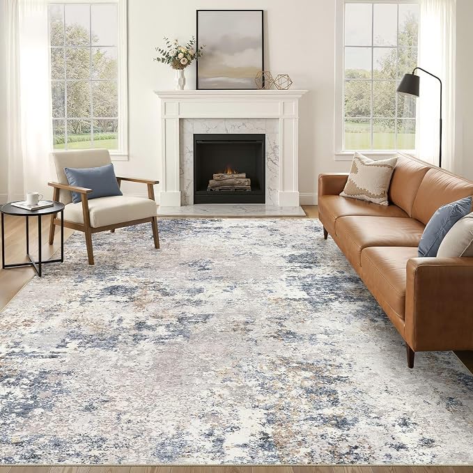 Nakagishi 10X12 Abstract Washable Area Rugs for Living Room-Blue Grey | Modern Non-Slip Silicone Backing Low Pile Soft Carpet for Bedroom Dining Decor Ideal for Families with Kids and Pets