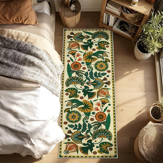 Joydeco Egypt Floral Washable 2x6 Rug Runners for Hallways Entryway Kitchen | Boho Botanical Colorful Non Slip Stain Resistant Low Pile Flower Indoor Carpet Runner for Entry Laundry Room Bathroom, Beige