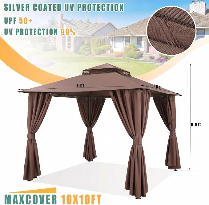 COBIZI 10x10 Gazebo with Double Roof & Mosquito Netting Outdoor Heavy-Duty Party Tent, Patio Tent with Zipper Screens - Backyard Garden Lawn Shelter Includes Wind Ropes Expansion Bolts, Brown