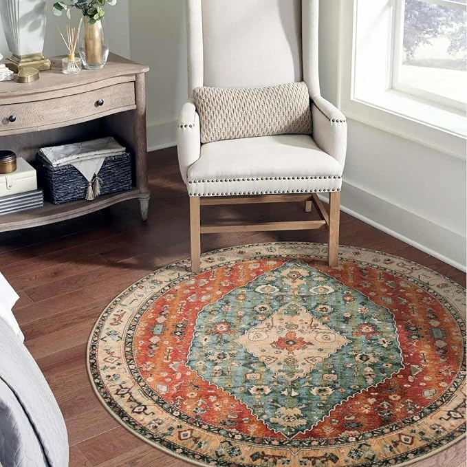 Lahome Felice Boho Tribal Round Rugs - 3Ft Small Entryway Round Area Rug Soft Bedroom Foyer Throw Mat Washable Non-Shedding Non-Slip Sofa Nursery Bathroom Carpet,Rust/Dull Teal