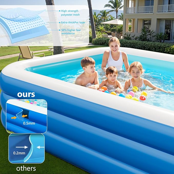 Inflatable Pool for Adults, 103'' x 65'' x 22'' Large Inflatable Pool for Adults, Blow up Pools, Rectangular Family Swimming Poo l, Oversized Thickened Family Inflatable Pools for Outdoor