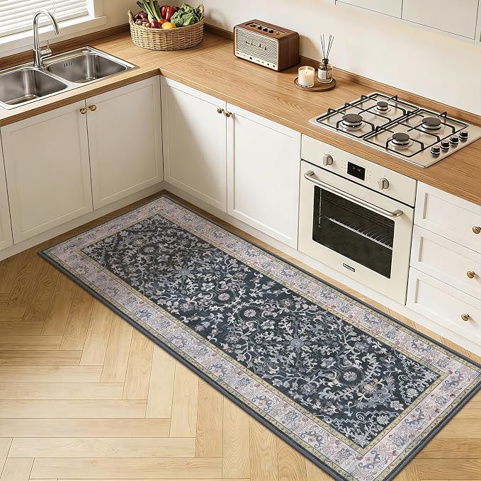 U'Artlines 2' x 6' Boho Hallway Runner Rug, Non Slip Runners, Dark Grey | Washable, Vintage Farmhouse Kitchen Rug, Accent Area Carpet, for Entryway Laundry and Living Room