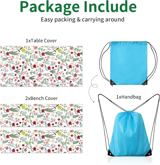 Picnic Table Cover with Bench Covers and Bag - Outdoor Camping Accessories Waterproof Camping Tablecloth with Elastic Edges Fitted Rectangle Tables and Seats