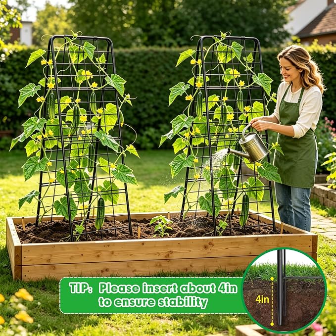 Amoskey Cucumber Trellis, Garden Trellis for Climbing Plants Outdoor, Foldable A-Frame Trellis, Cucumber Trellis for Raised Bed for Cucumbers, Peas, or Tomatoes (Black, Small Grid)