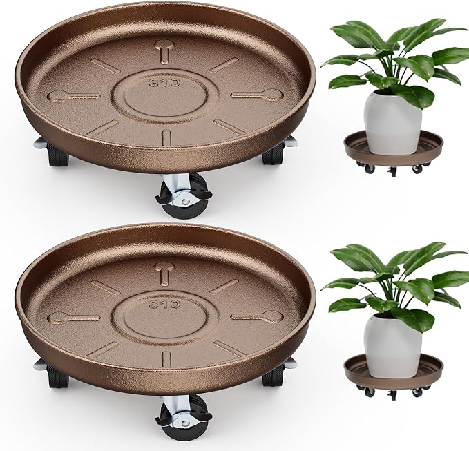 Plant Saucer 12" Rolling Plant Caddy Rolling Plant Stand with Wheels – Heavy Duty Metal, Locking, Sturdy, Rust-Resistant Finish, and Easy to Move, 310 lb Capacity, 2 Pack