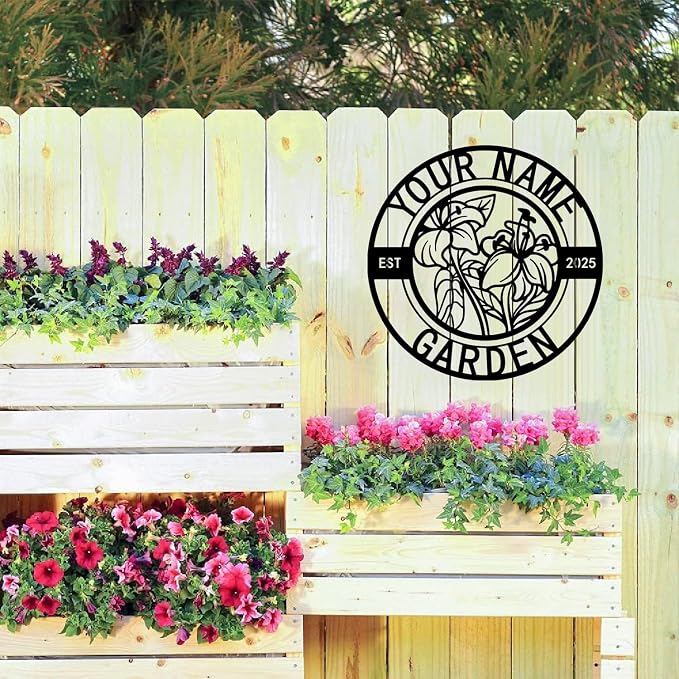 Metal Garden Sign Personalized - Custom Yard Sign with Your Name, Garden Signs for Outside Featuring Floral & Hummingbird, Metal Name Signs Personalized