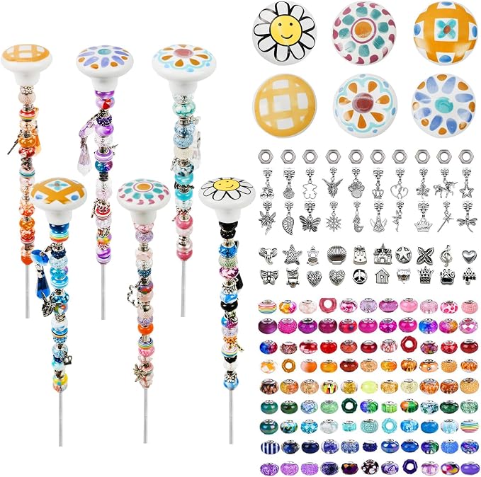 178 Pcs DIY Beaded Garden Stakes Kit with Cartoon Stoppers | Garden stakes kit with beads colorful crystal stoppers DIY fairy wands, garden decor, outdoor crafts