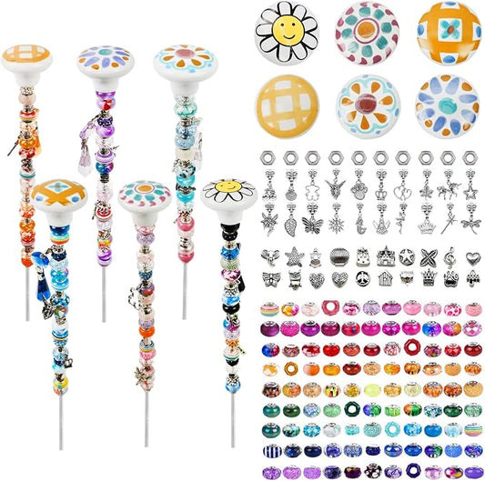 178 Pcs DIY Beaded Garden Stakes Kit with Cartoon Stoppers | Garden stakes kit with beads colorful crystal stoppers DIY fairy wands, garden decor, outdoor crafts