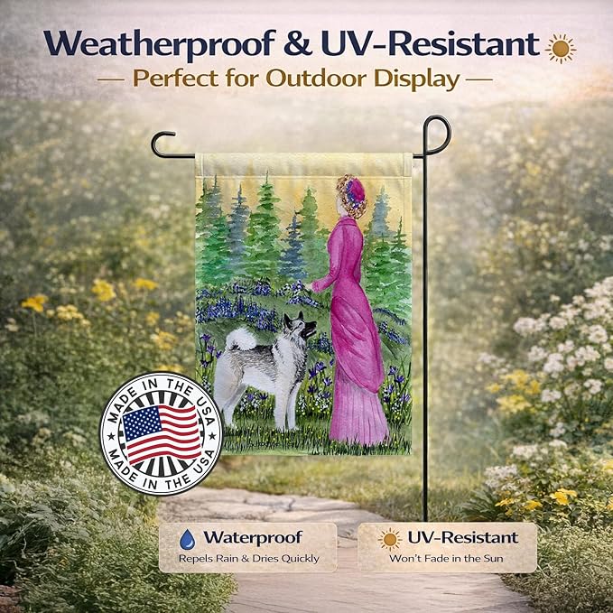 Caroline's Treasures SS8154GF Lady with her Norwegian Elkhound Garden Flag Mailbox Flag Decorative Yard Flag Banner Outside Patio Artwork Yard Flower Beds, Garden Size, Multicolor