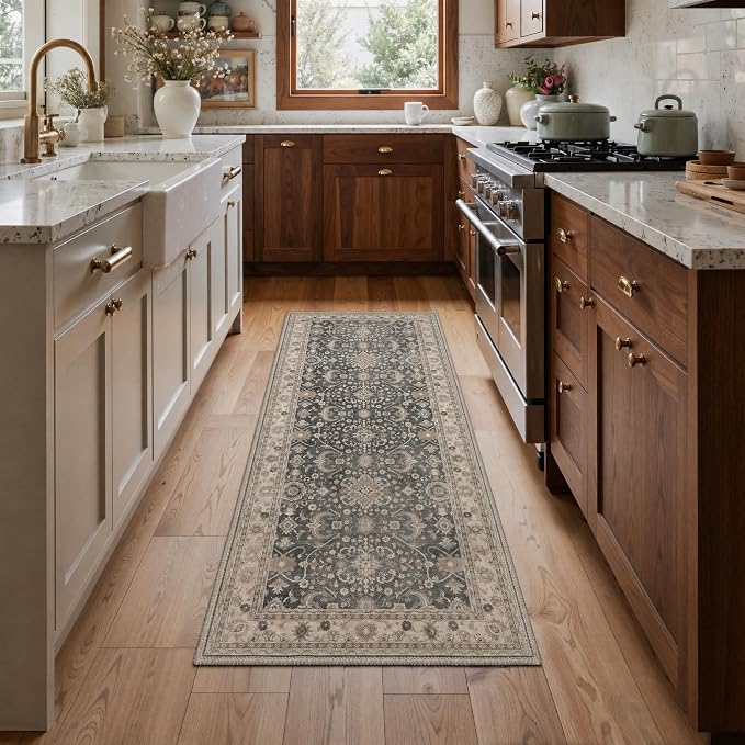 8X10 Living Room Area Rug, Boho Oriental Floral Washable Non Slip | Floral Vintage Rug for Bedroom Dining Room, Dusty Taupe Soft Low Pile Faux Wool, Stain Resistant Non-Shedding Pet-Friendly
