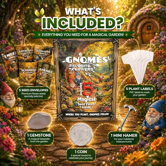Gnome Garden Seed Kit - 5 Flower Seeds Varieties - Reach Milestones, Get Keepsakes - Dwarf Zinnia, Dwarf Sunflower, Celosia, Marigold, Nasturtium - Flower Seeds for Pollinators, Indoor, Outdoor