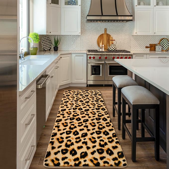 Amearea Soft Leopard Runner Rugs, 2x6 Cheetah Print Bedroom Bedside Rugs | Washable Fluffy Indoor Animal Runner Rug Carpet for Entrance Kitchen Kids Teen Room Living Room Decor, Khaki