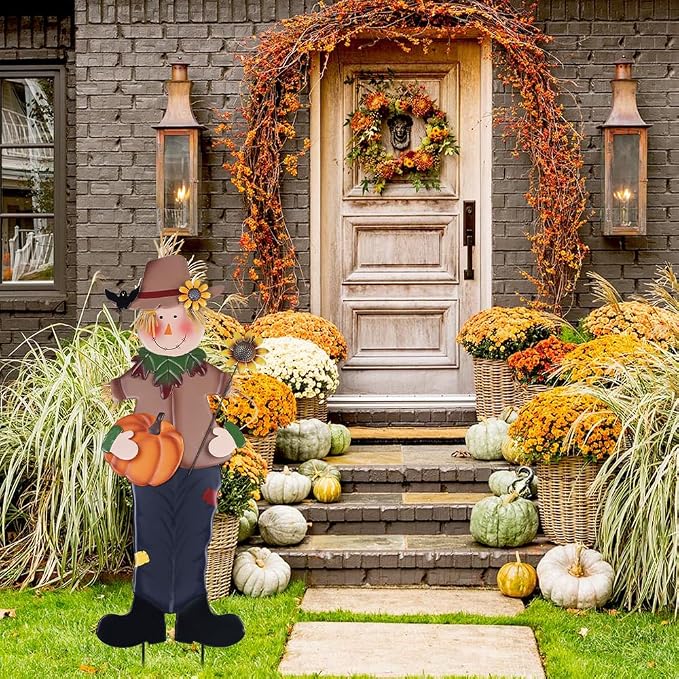 YEAHOME Fall Decorations Outdoor, Metal Boy Scarecrow Garden Stakes with Pumpkin & Sunflower for Fall Decor, Scarecrow Yard Signs for Outside Garden Lawn Porch Thanksgiving Decorations Outdoor
