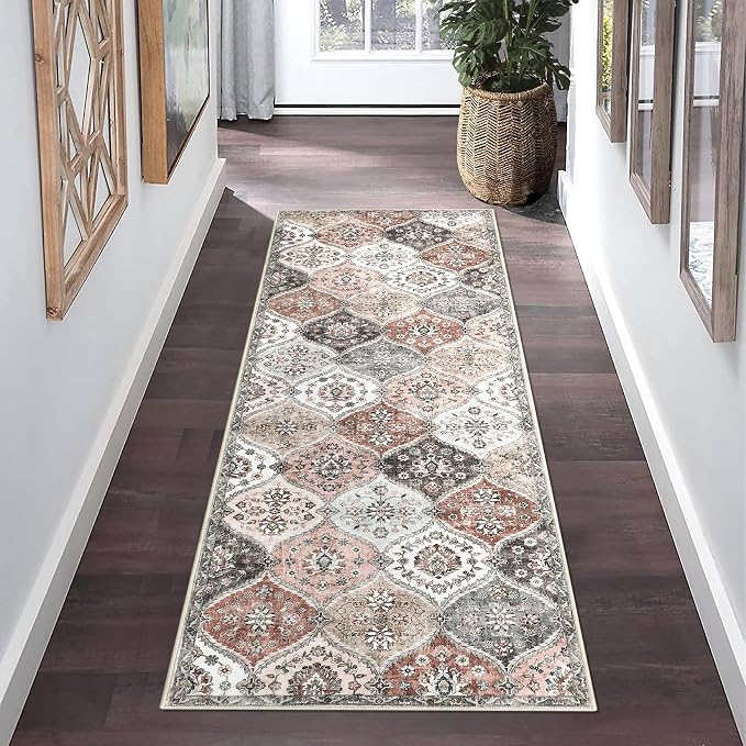 ROYHOME Runner Rug Washable Moroccan Hallway Runner Entryway Rug, 2' x 6' | Stain Resistant Non-Slip Vintage Distressed Trellis Bedroom Rug Runner Entrance Carpet for Laundry Kitchen, Pink/Grey