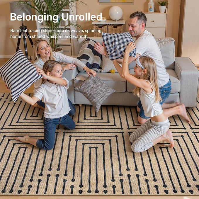 Lahome Boho 3x5 Outdoor Rugs for Entry, Washable Easy Jute Rug | Maze Lines Modern Throw Rug Non Slip Stain Resistant Door Mat for Front Porch Balcony