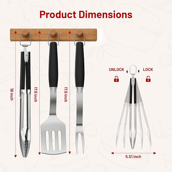 KEYO GRILL Heavy-Duty Stainless Steel Grilling Accessories, Professional Grill Utensils Set with Spatula, Fork & Tongs, Ideal BBQ Set Grilling Tools for Outdoor Grill, Gifts for Men Dad