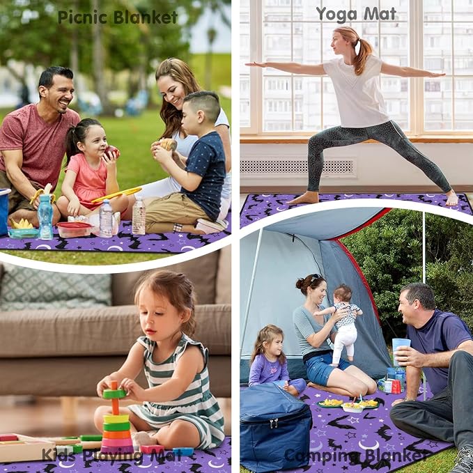 Halloween Bat Picnic Blankets Waterproof Foldable, 60’‘x80'' Portable Outdoor Picnic Mat Water Resistant for Grass, Padded Lawn & Park Blanket for Camping,Hiking