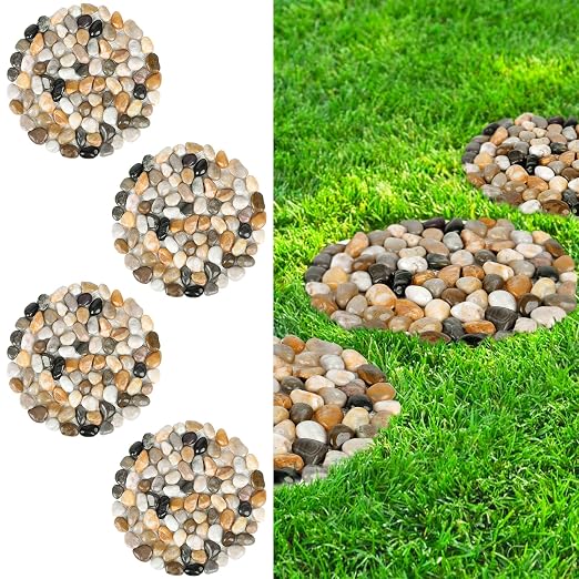 River Rock Stepping Stones Outdoor for Garden Walkway, 10 inch Diameter 4 Pcs Round Shape Paver Step Stones Polished Pebble River Stone Mat for Yard Lawn Patio Pathway Walk Way - Multi-Color