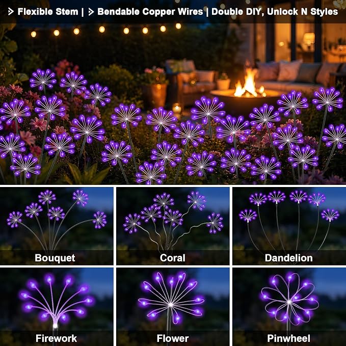 Solar Garden Lights Outdoor, Upgraded Solar Swaying Starburst Light Waterproof with 2 Modes, Solar Fairy Firework Lights for Yard Patio Pathway Flowerbed Balcony Garden Decoration (Purple, 4 Pack)