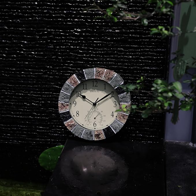 eYotto 10 Inch Small Outdoor Clock Waterproof with Thermometer,Weather-Resistant Non-Ticking Battery Operated Wall Clocks Weatherproof for Patio, Pool, Garden, Lanai, Fence, Porch, Deck