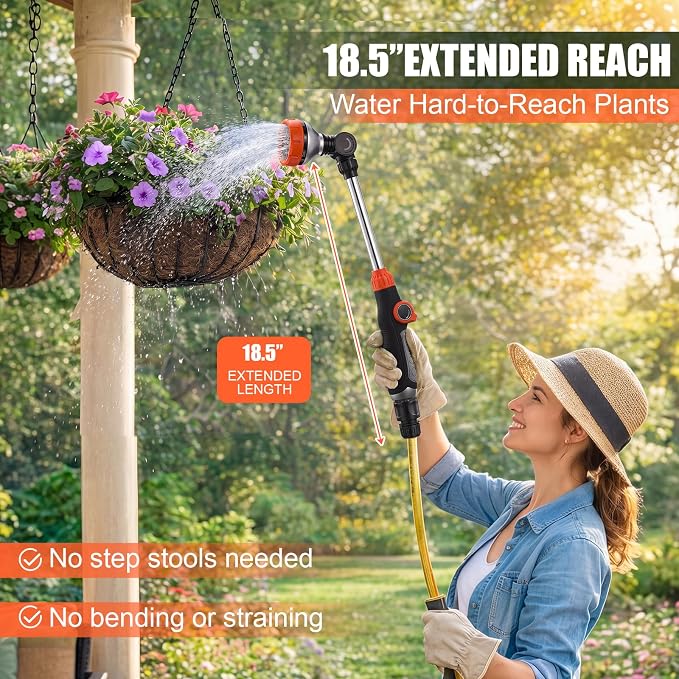 Hushee 2 Pack 18.5-Inch Metal Watering Wand with 180° Rotating Head, 8 Adjustable Spray Patterns & Thumb Control Nozzle – Perfect for Hanging Baskets, Shrubs & Plants, Durable Garden Hose Sprayer