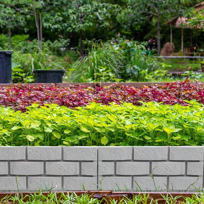 Landical 12 Pcs Imitation Stone Garden Fence, Faux Stone Retaining Wall Look Garden Bricks Border with Ground Stakes, 17.3 x 12.6 in Gray Plastic Edging Blocks for Flower Beds, Lawn, Mulch (Gray)