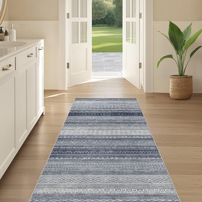 Nakagishi Boho 2x6 Runner Rug Machine Washable Rugs Non Slip Denim Blue | Soft Underfoot, Stain Resistant, Carpet for Bedroom/Kitchen/Entryway/Hallway, Bathroom Pet & Kid Friendly Moroccan Farmhouse