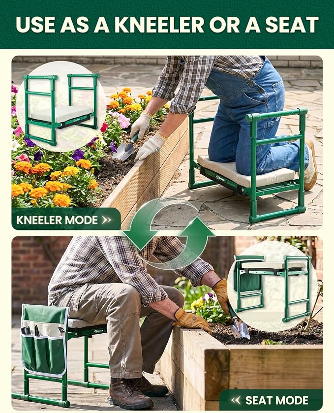 Saker 2026 Upgraded Garden Kneeler and Seat - Gardening Bench Gardening Stool with 500LB Heavy Duty Round-Tube Frame, Soft Kneeling Pad Foldable Support for Elderly, Gardening (Basic Version)