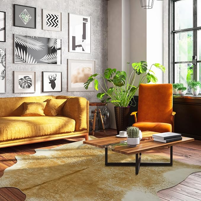 Washable Cowhide Rug for Living Room, Large 6x7 Khaki Faux Cow Print Area Rugs, Non Slip Animal Skin Bedroom Carpet, Rustic Western Home Decor Fake Hide Floor Mat for Office Fireplace