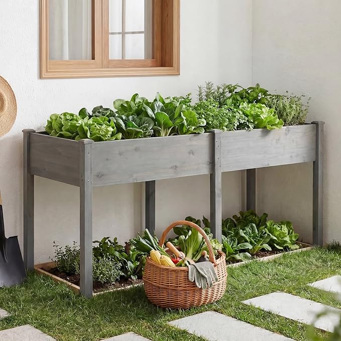 DUMOS Raised Garden Bed 72x23x30 Inch, Outdoor Planter Box with Legs, Elevated Wood Garden Bed with Liner for Herbs Flowers Vegetables, Wooden Planter Box for Patio, Balcony, Backyard, Grey