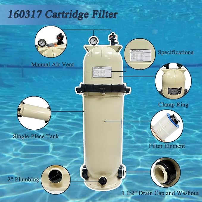 EC-160317 Cartridge Pool Filter,100 sq ft‌100GPM Fit for Pentair CC150