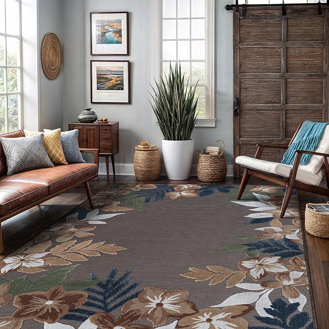Outdoor Rug 9x12 Washable Area Rugs Indoor Outdoor Carpets Brown Border Floral Non Shedding Waterproof Easy Clean Patio Deck Porch Living Room Bedroom Garden RV (9 X 12 Brown)