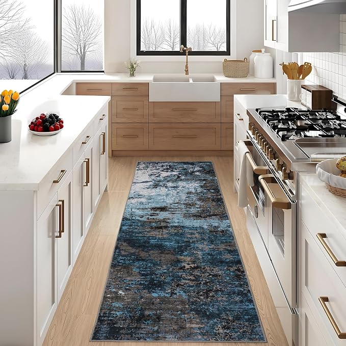 GarveeHome Washable Hallway Runner 2.5x10 Modern Kitchen Rug Blue Green | Non-Slip Backing, Stain-Resistant Low Pile Floor Cover, Colorful Indoor Mat, Bedroom, Kitchen, Laundry