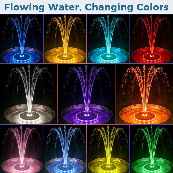 Solar Fountain for Bird Bath with Colorful LED Lights, Floating Solar Fountain Fixed Rods, 3W Solar Powered Water Fountain Pump with Strong Spray & 5 Nozzles for Pond, Pool, 23 LED Lights