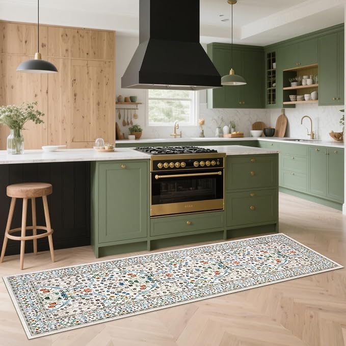 GarveeHome Floral Hallway Runner Rug, 2.5x8 Kitchen Runner Rugs, Washable Non Slip Entryway Rugs Indoor, Ultra-Thin Stain Resistant Carpet Floor Mat for Laundry Room, Beige