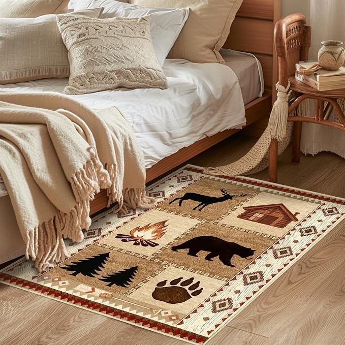 Cabin Bear Rustic Rug 2x3 for Entryway Lodge Deer Wildlife Country Area Rug Farmhouse Animal Western Door Mat Machine Washable Non-Slip Printed Low-Pile Carpet for Kitchen Bathroom Laundry Room