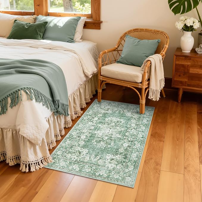 GarveeHome 2x3 Small Rug for Kitchen Machine Washable Floral Doormat | Non-Slip Low Pile Vintage Throw Carpet for Hallway Flower Bordered Accent Mat Boho Botanical Area Rugs for Bedroom Sage Green