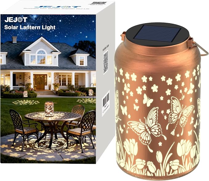 JEJOT Butterfly Solar Lanterns Outdoor Waterproof, Mothers Day Gifts, Birthday Gifts for Women Mom Grandma,Metal Hanging Solar Lantern for Yard,Garden,Porch Landscape Deconrations-1 Pack