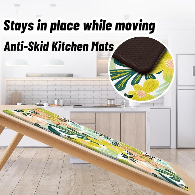 Tyrot Boho Floral Kitchen Mats Rugs Sets of 2 Cushioned Anti Fatigue Floor Mat Foam Comfort Kitchen Rugs Farmhouse Style Non Slip Waterproof Mid Century Botanical Standing Mat for Sink Laundry