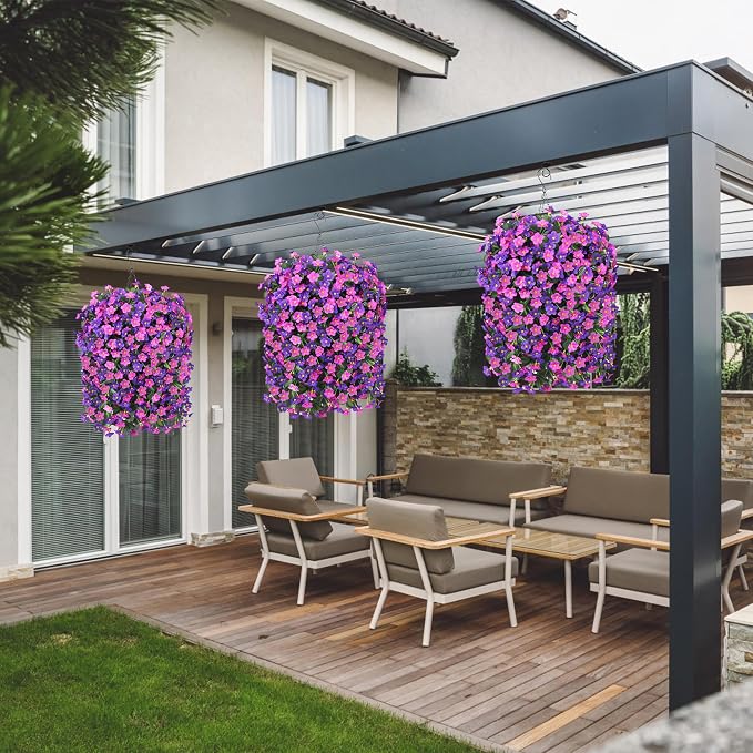 Artificial Fake Hanging Flowers with Basket for Outdoor Decoration,UV Resistant Faux Silk Daisy Flowers Dark Purple and Fuchsia Orchid Vines in Planter Realistic Hanging Baskets for Home Porch Garden