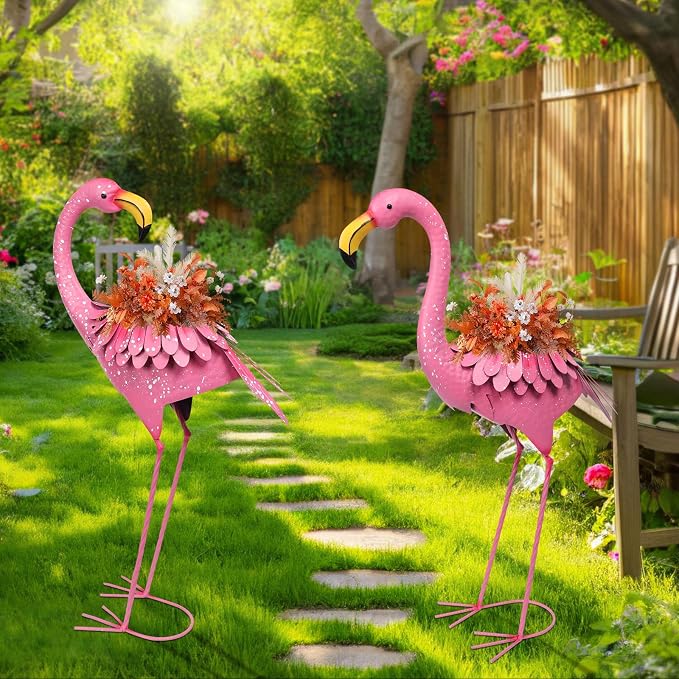 Set of 2 Flamingo Planters, Pink Metal Standing Flamingo Flower Pots with Drain Hole, Indoor Outdoor Decorative Planters for Lawn Garden Patio Yard